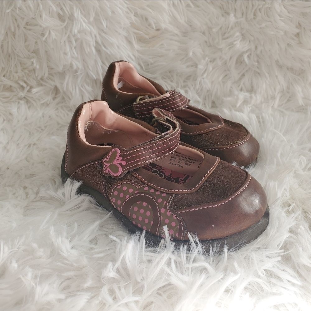 EUC Baby Girl's Size 5 Brown, Gold Glitter, and Pink Polka Dot and Flower Flats